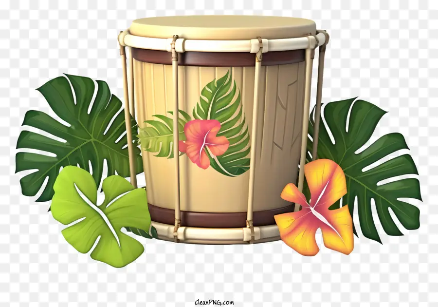 деревянный барабан，тропические листья PNG