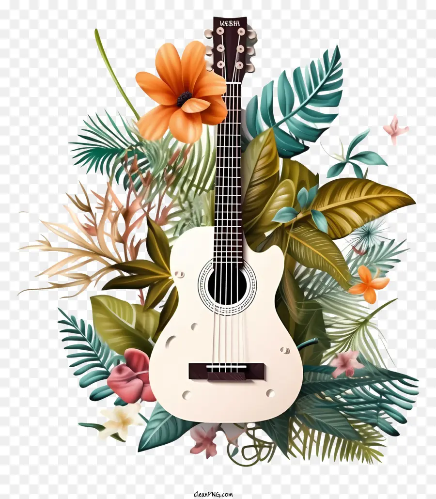 Белая акустическая гитара，Дизайн цветочной гитары PNG