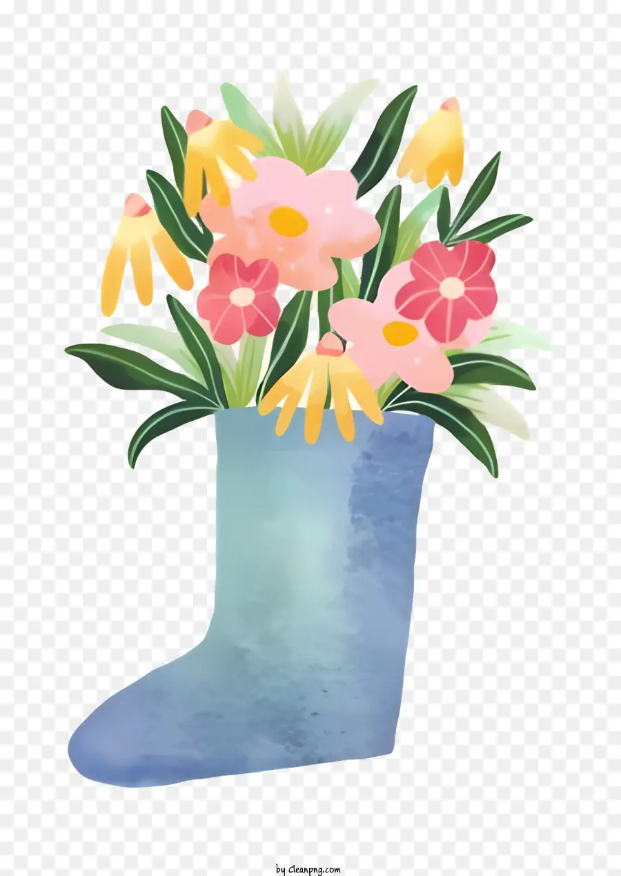 синий ботинок，ваза с цветами PNG