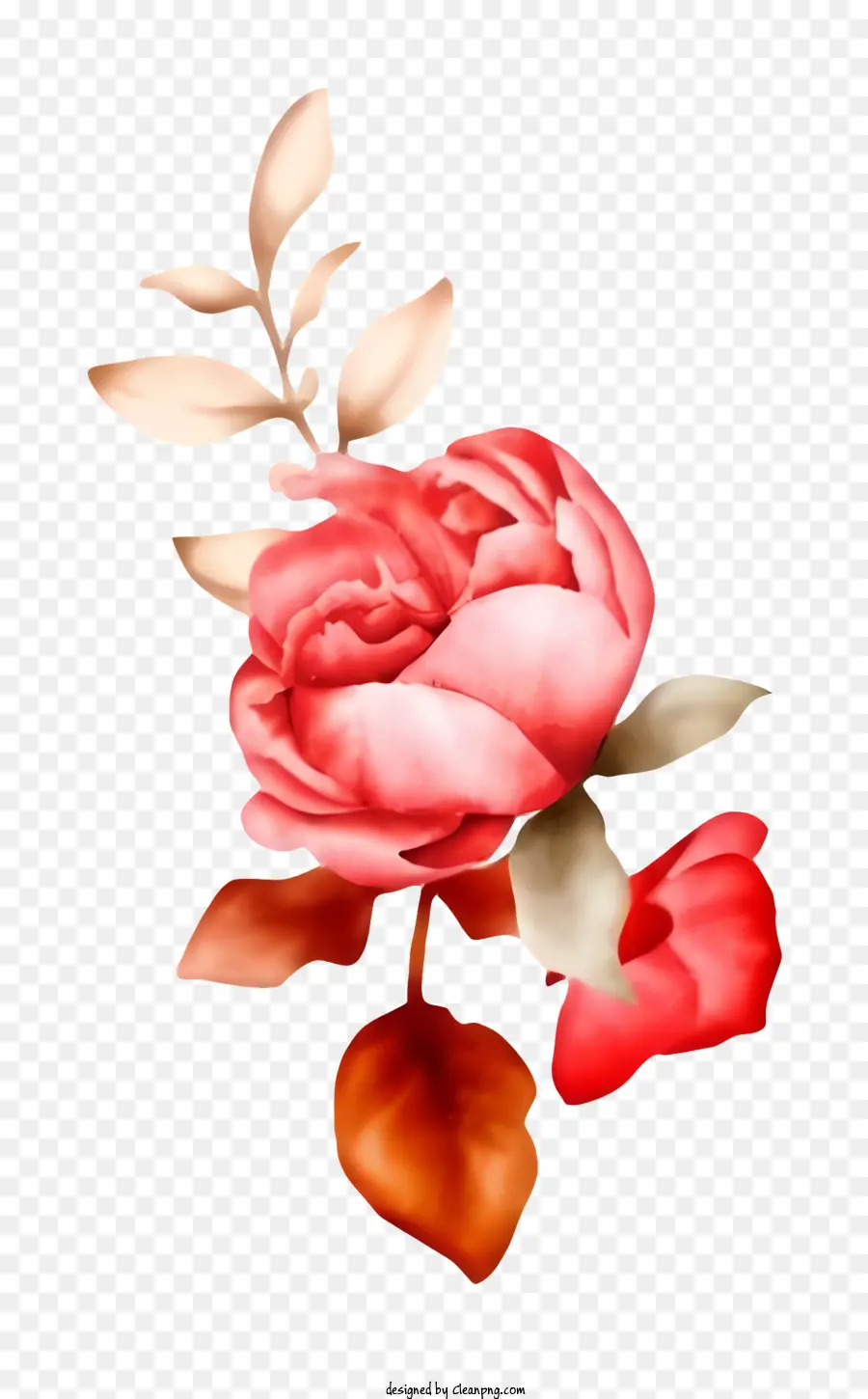 Pink Rose，Красные листья PNG