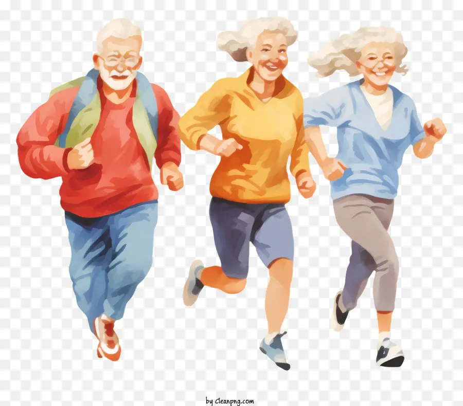 Пожилые люди бегут，мужчины в красных и синих рубашках PNG