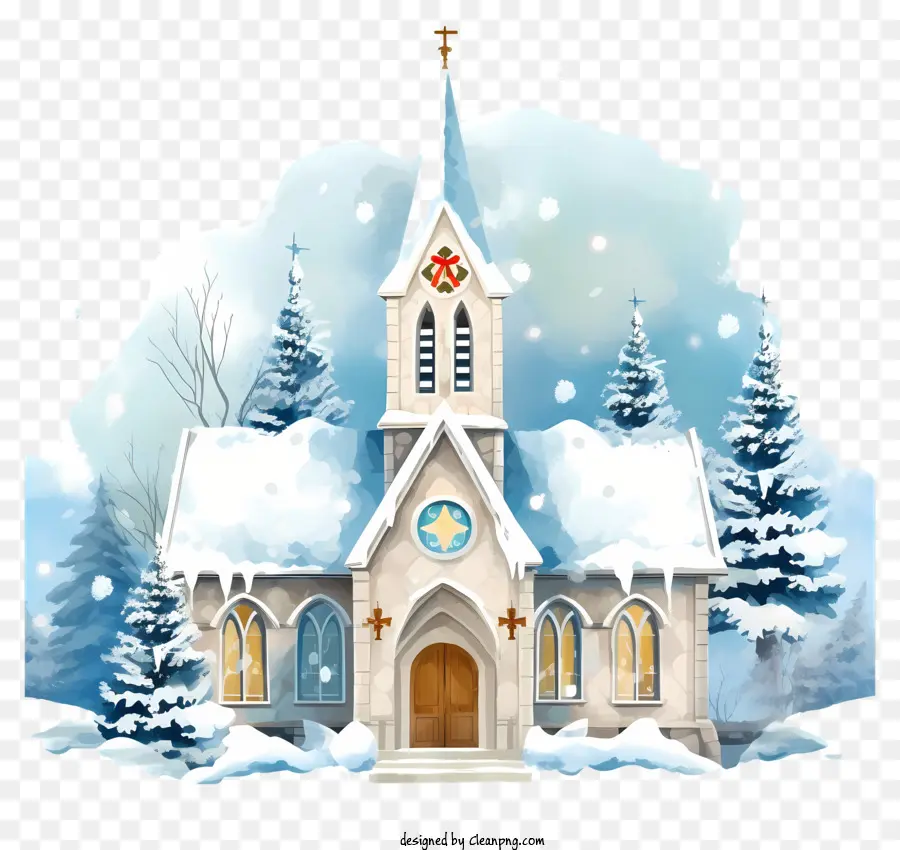 церковь，снежные деревья PNG