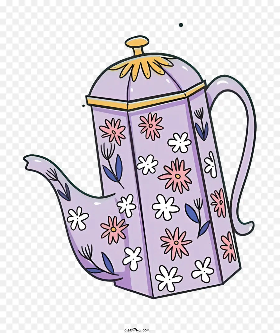 Фиолетовый чайник，белые и розовые цветы PNG