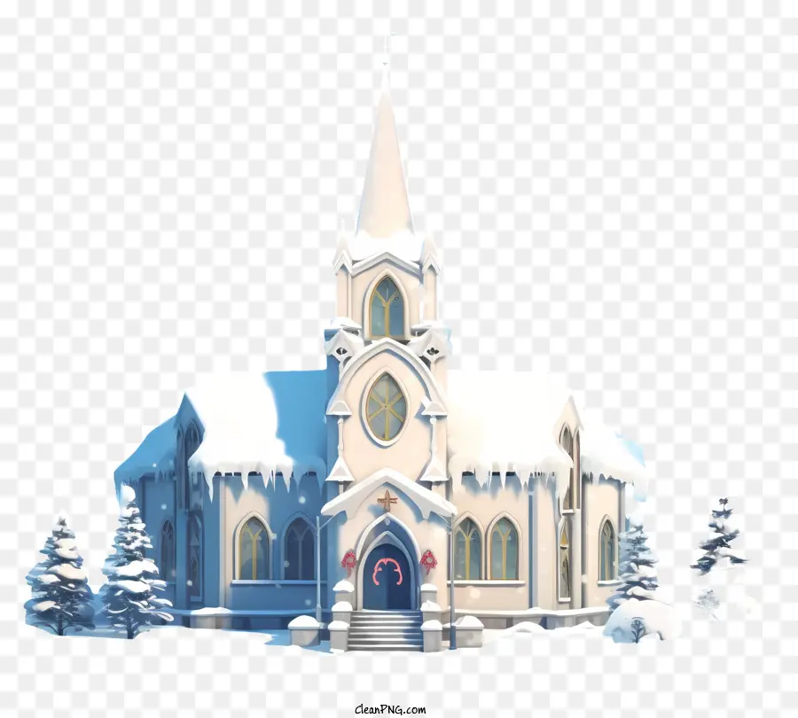 церковь в снегу，вечнозеленые деревья PNG