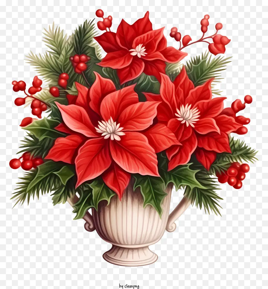 Красная цветочная ваза，Пуансеттия PNG
