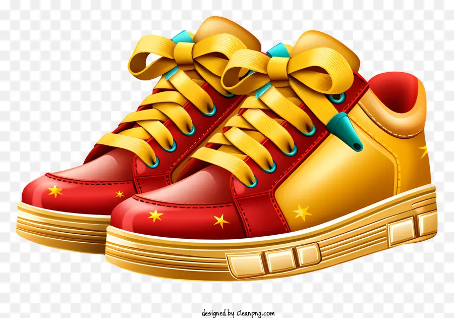 Золотые кроссовки，красные шнурки PNG