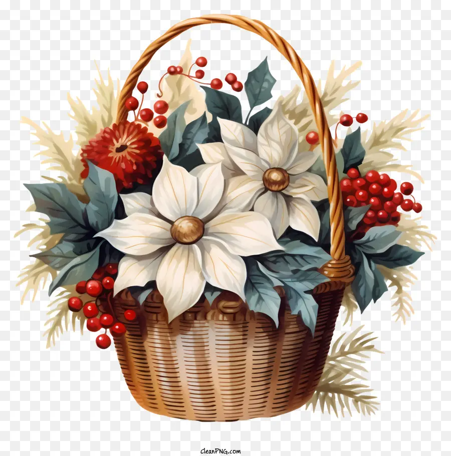 Ручная рождественская цветочная корзина，плетеная корзина PNG