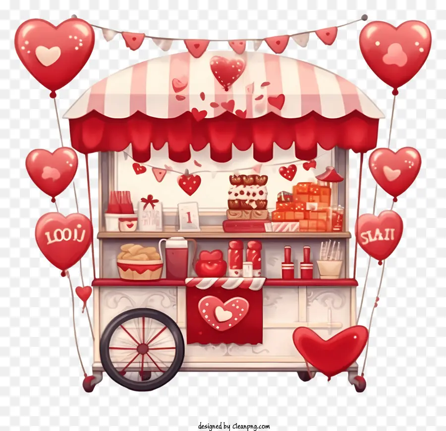 Романтический киоск Дня Святого Валентина，шар в форме красного сердца PNG
