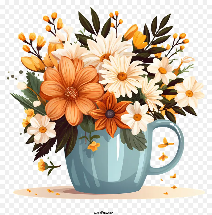 Кофе цветы，Голубая чашка PNG
