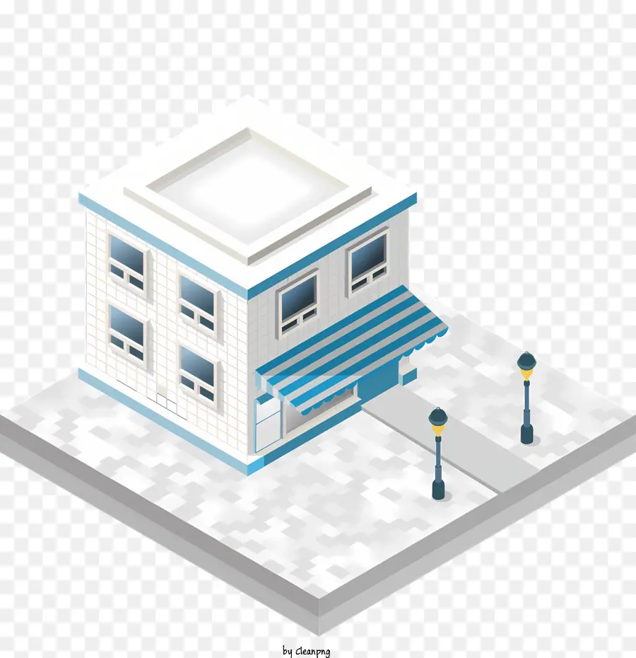 Небольшое белое здание，сине белый полосатый тент PNG