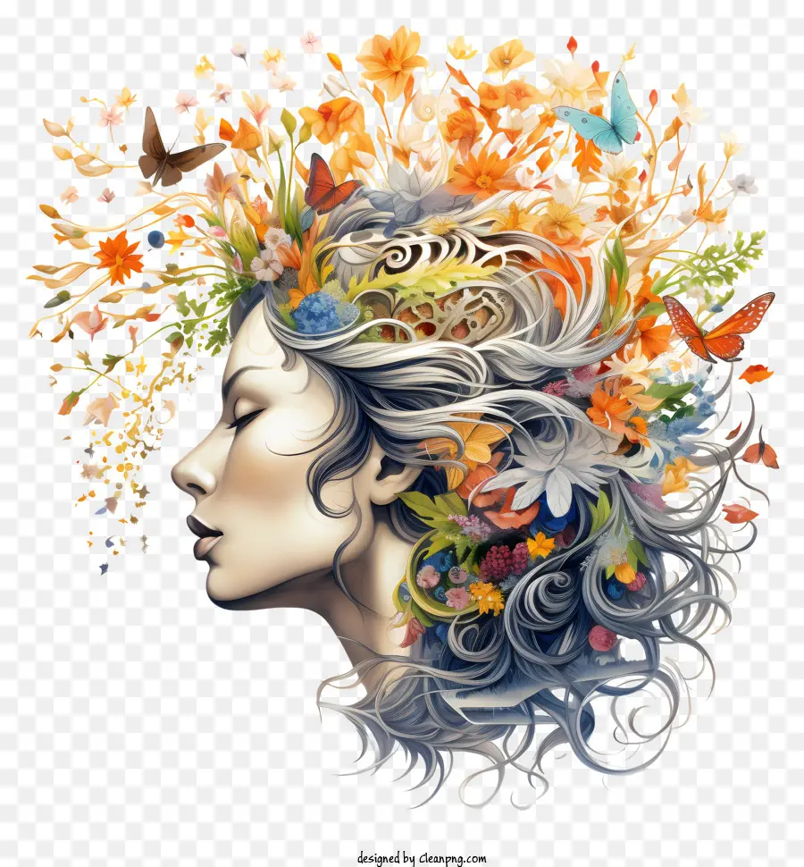 Весеннее Равноденствие，Женщина с цветами в волосах PNG