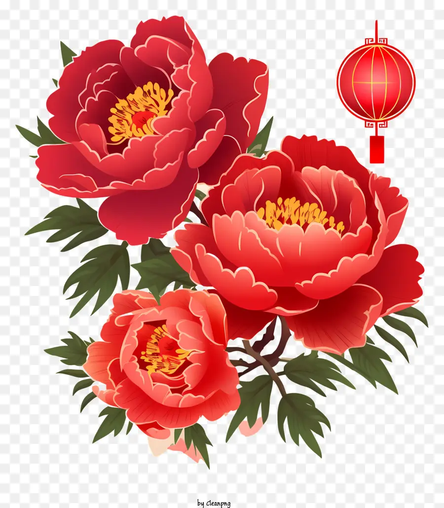Плоский китайский Новый год Пион，Красные пиони цветы PNG