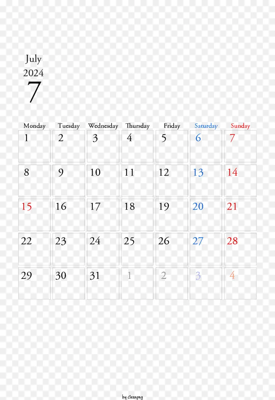 Календарь на Июль 2024 года，Календарь PNG