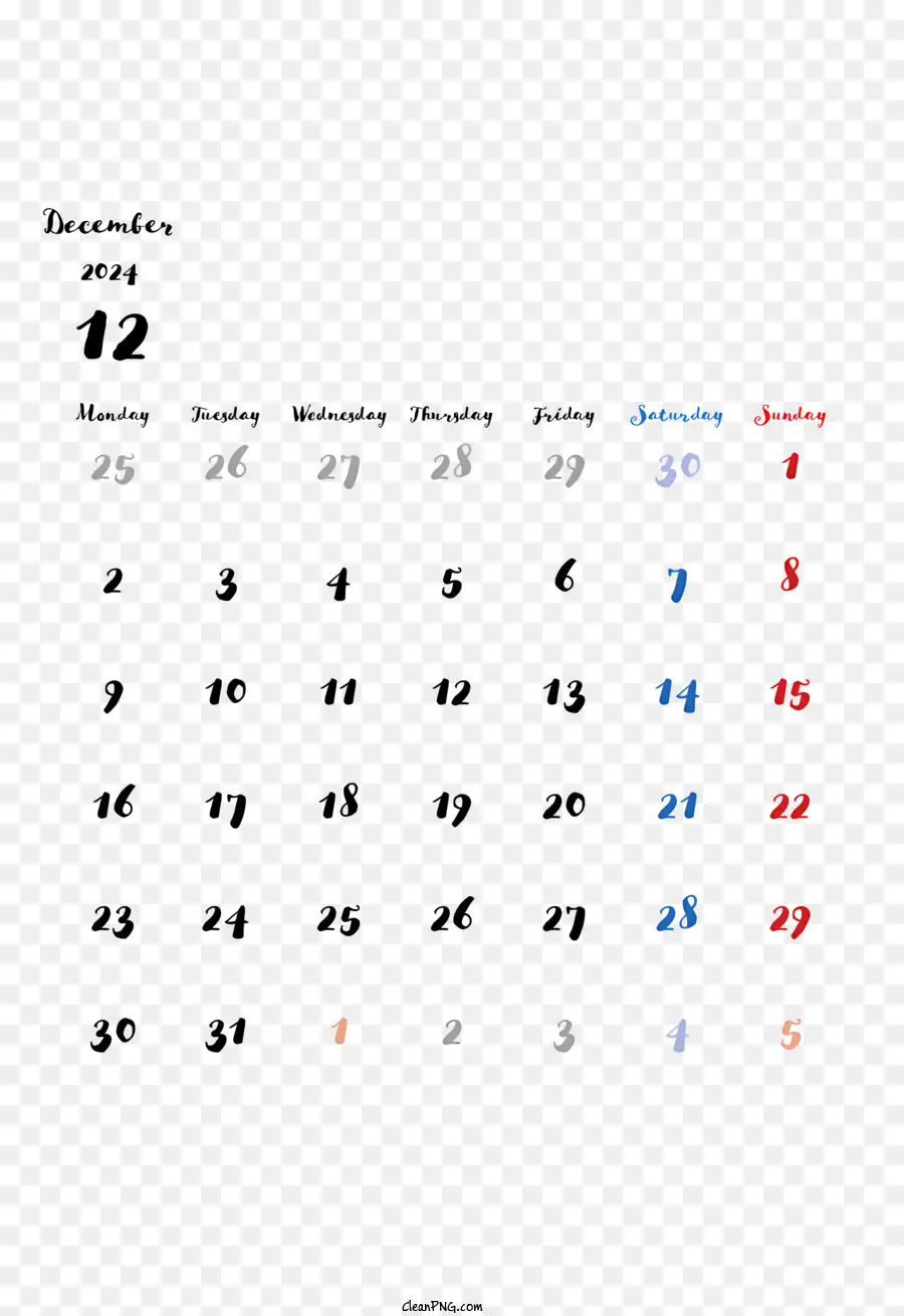 Декабрь 2024 г Календарь，2024 Календарь PNG