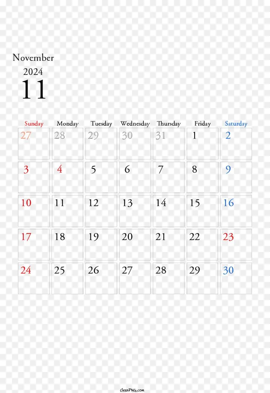 Ноябрь 2024 г Календарь，Ноябрь 2024 года PNG