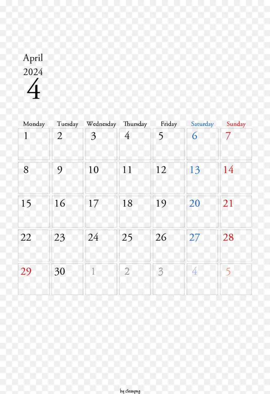 2024 апрель календарь，Календарь апреля 2024 года PNG