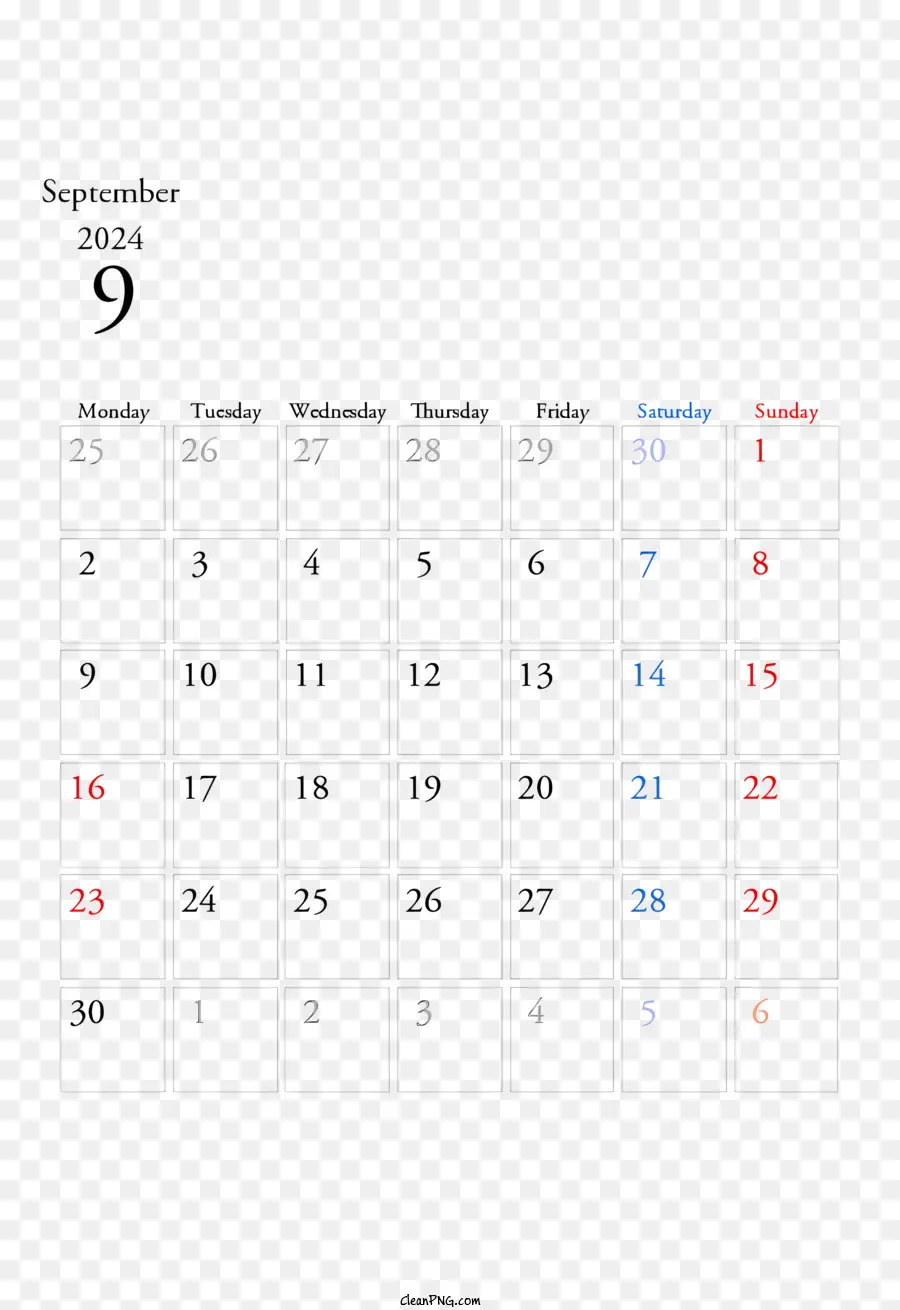 Сентябрь 2024 г Календарь，Сентябрь 2019 г Календарь PNG
