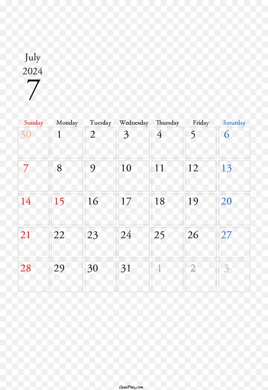 Июль 2024 г Календарь，июль 2024 г PNG