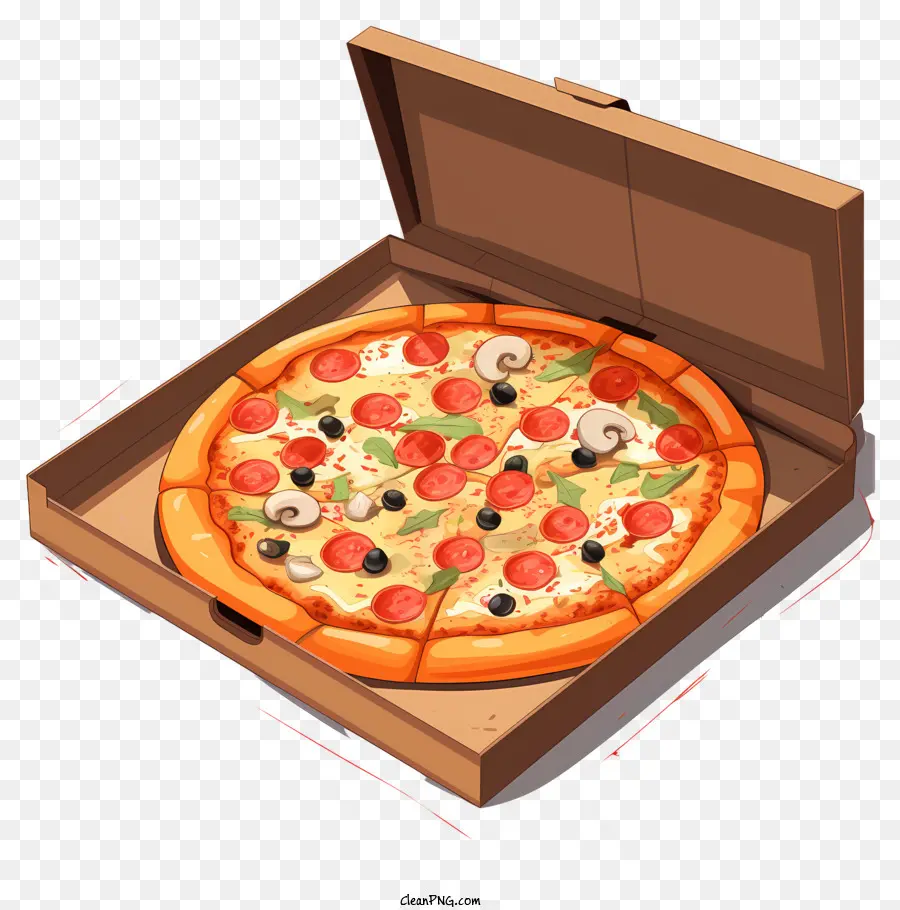 плоская пицца в открытой коробке，Пицца PNG