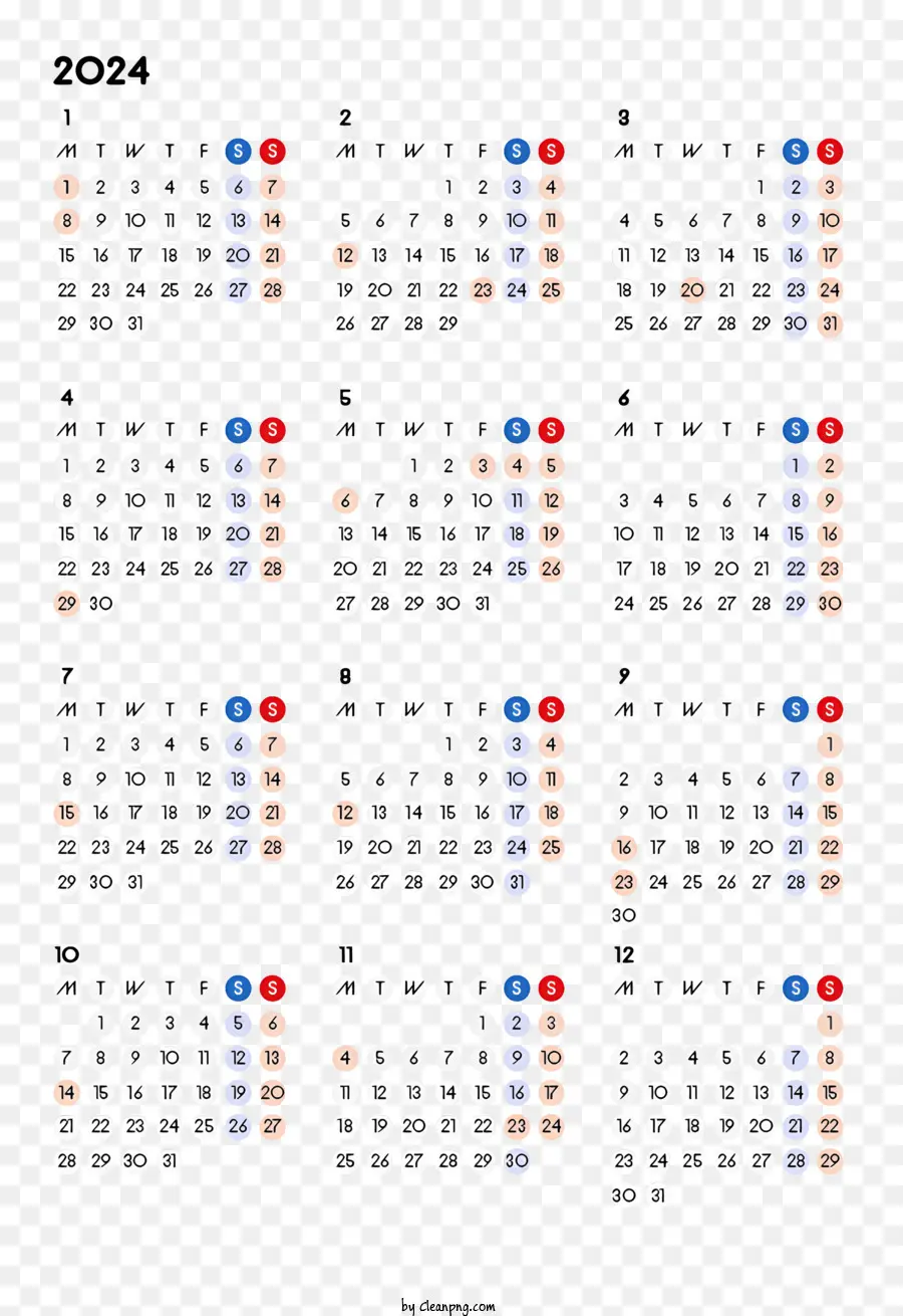 2024 Годовой календарь，2024 Календарь PNG