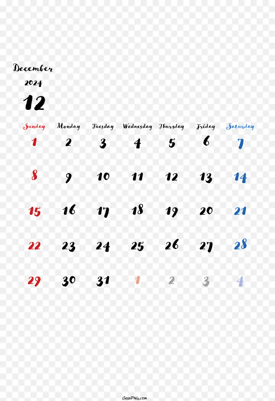 Декабрь 2024 г Календарь，Календарь 2019 PNG