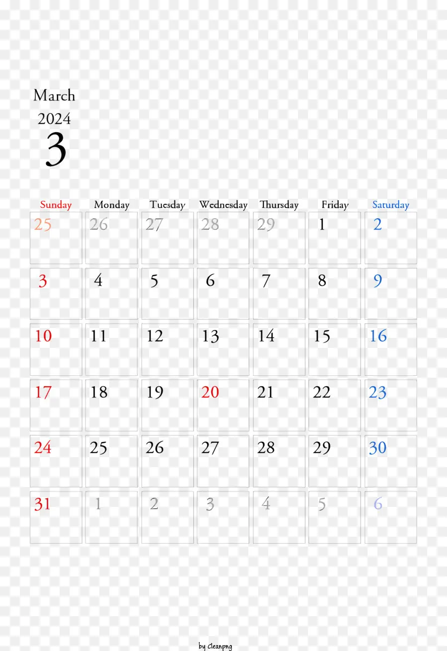 2024 Мартовский календарь，Календарь PNG