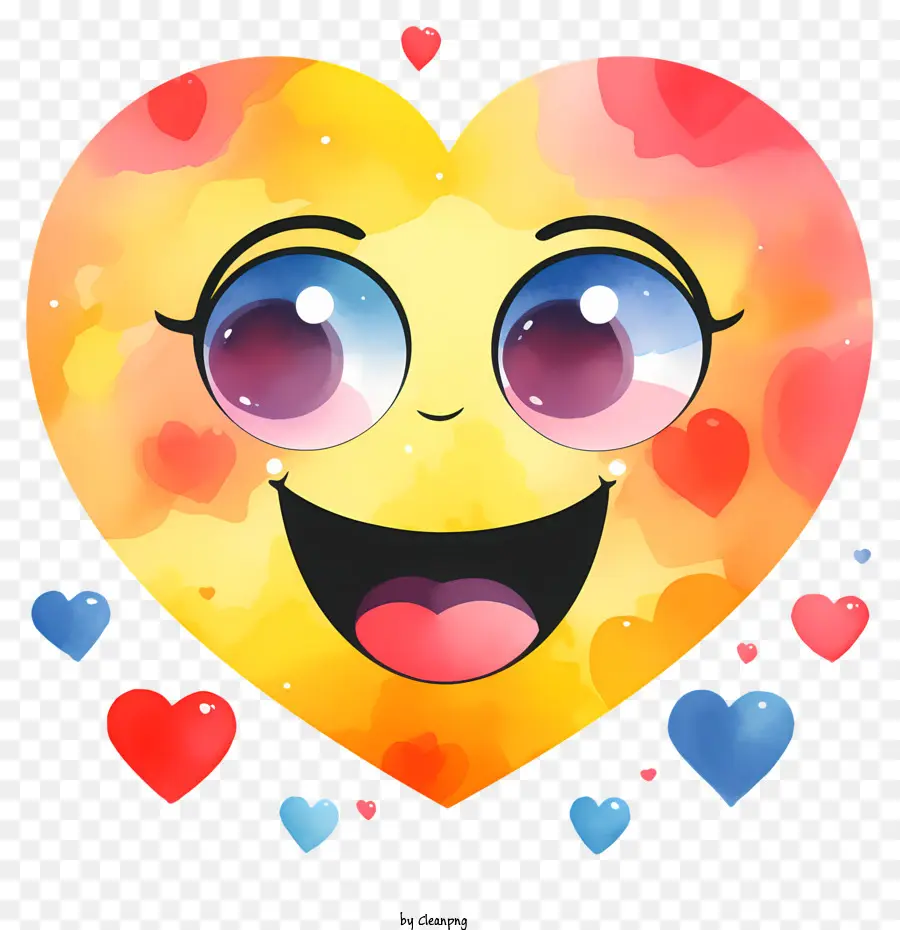 акварельный эмодзи с сердцами глазами，мультфильм лицо PNG