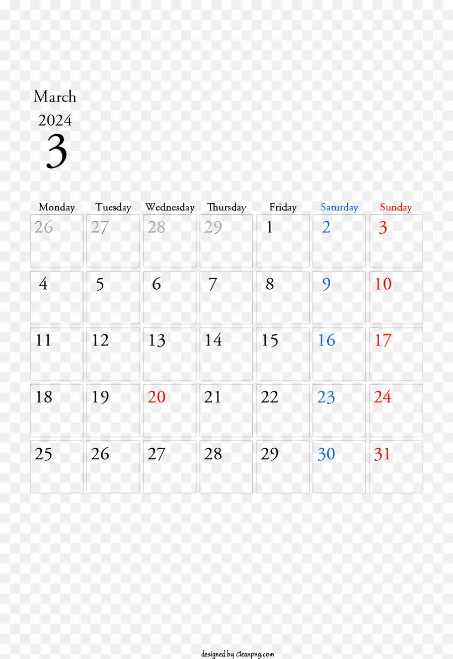 2024 Мартовский календарь，Календарь PNG