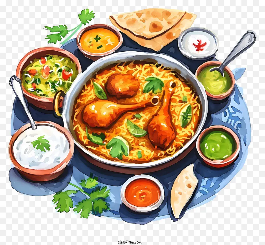 Акварельная индийская кухня，С курицей и рисом PNG