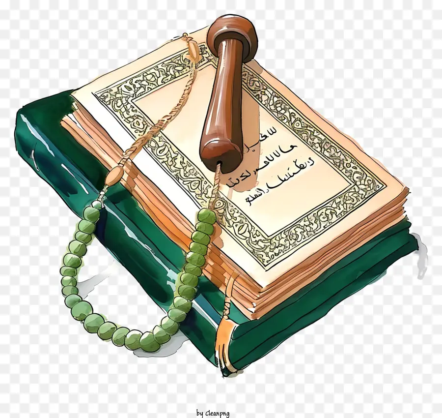 Акварельная священная книга Корана и бусинки，Зеленый Коран PNG