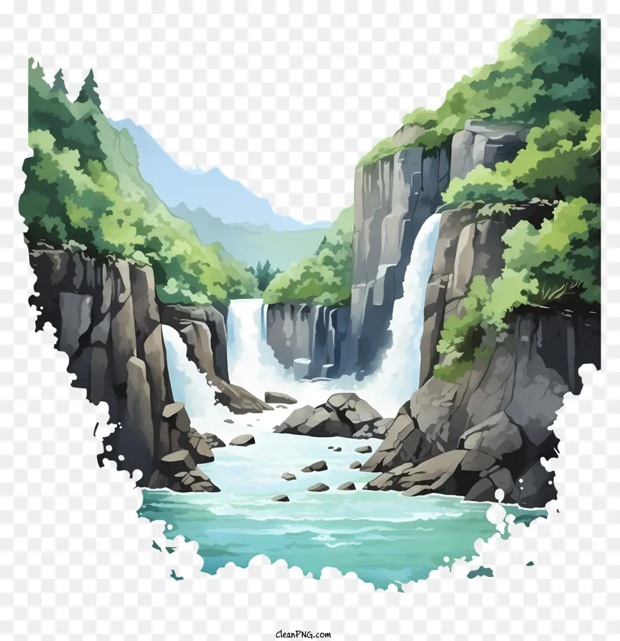 акварельный водопад，цифровая живопись PNG