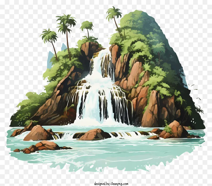 акварельный водопад，тропический остров PNG