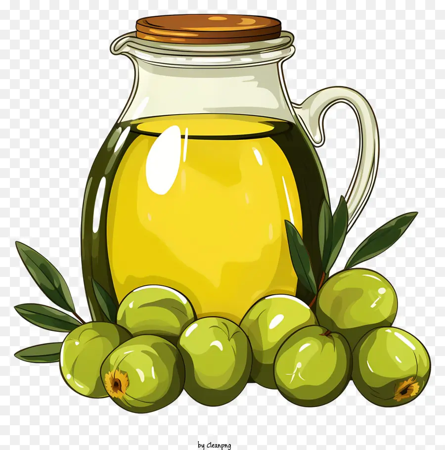 зеленые оливки в стиле рисунков в банке，Оливковое масло PNG
