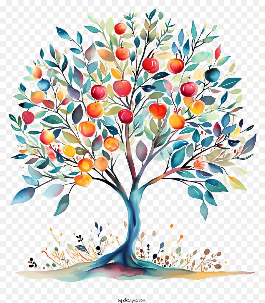 акварельная живопись，Дерево с яблоками PNG