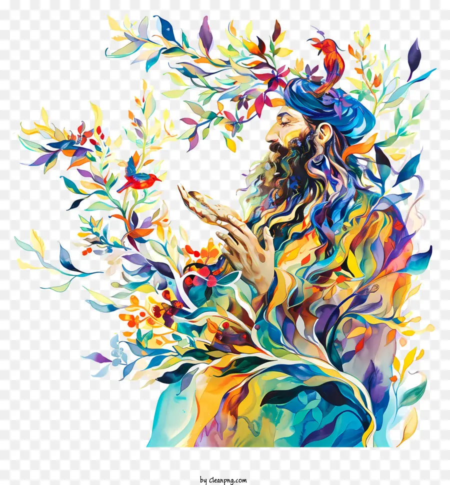 Дерево с цветами，Человек с бородой и длинными волосами PNG