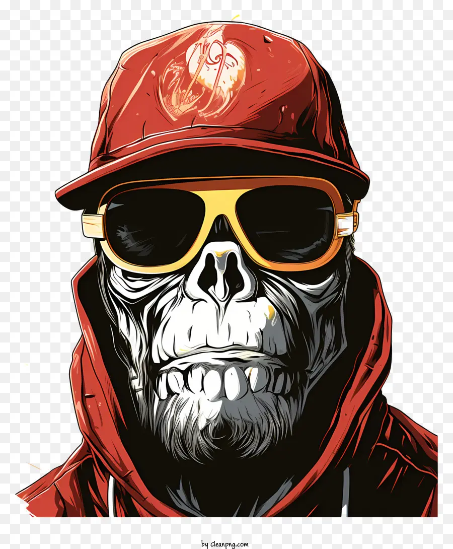Обезьяна в солнцезащитных очках и красной кепке，череп PNG