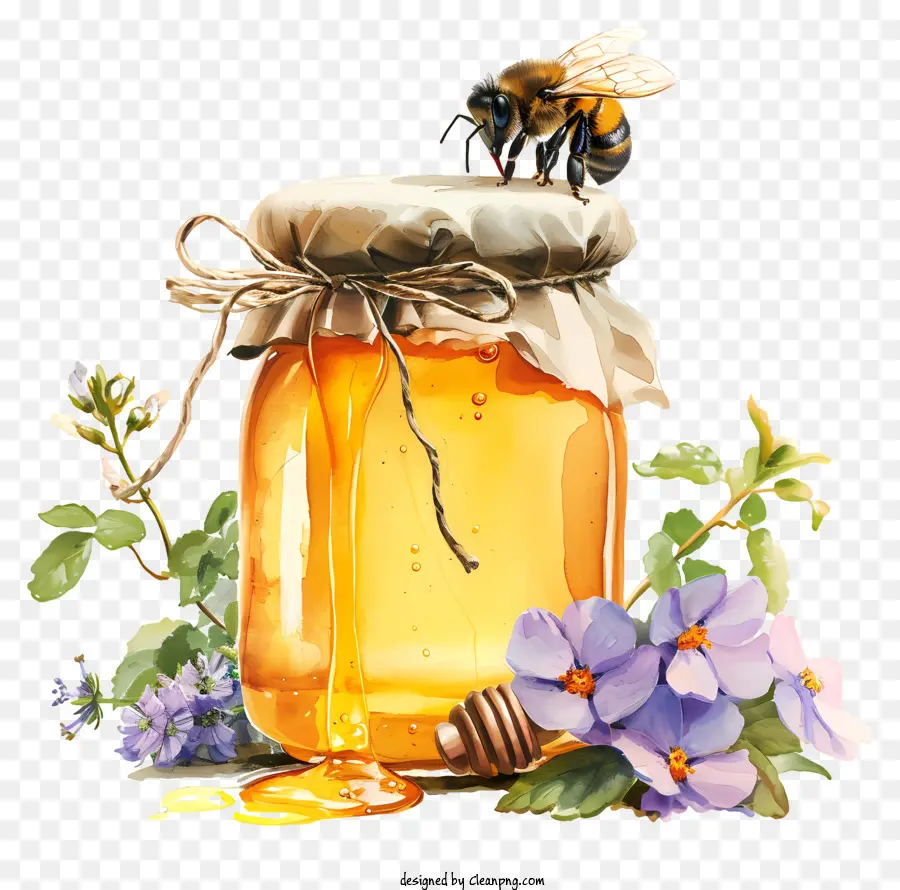 Медовая стеклянная банка，Пчелка PNG