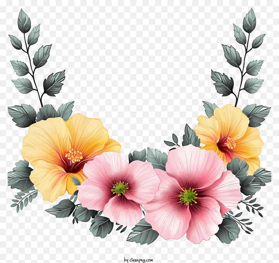цветочная граница в стиле эскиза，цветы гибискуса PNG
