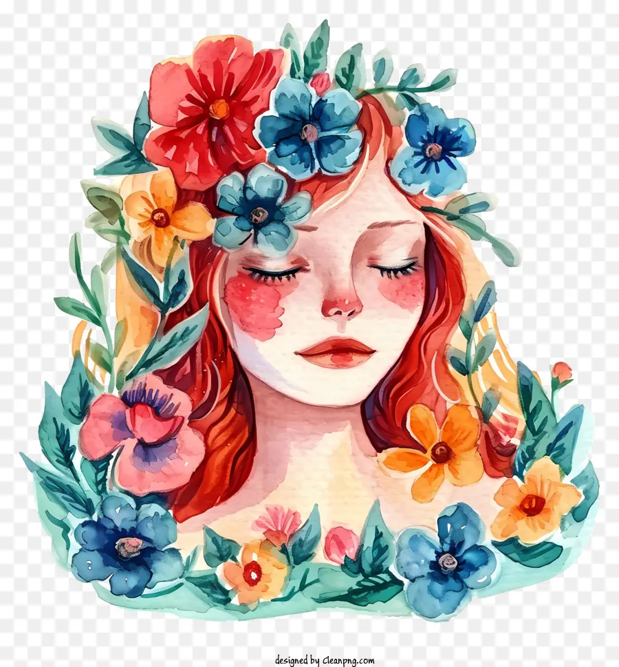 акварель женщина и цветы，Девушка с длинными рыжими волосами PNG