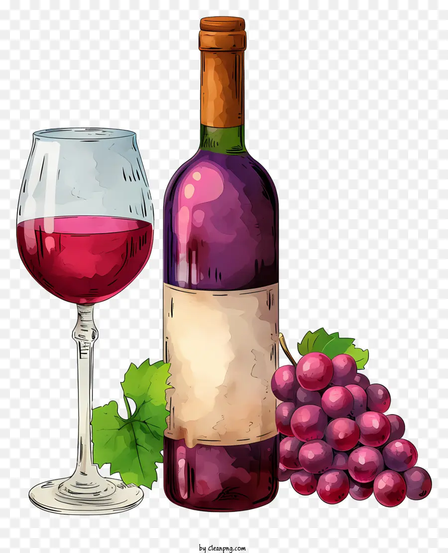 бутылка в стиле рисунков с красным вином и бокалом，Бокал для вина PNG