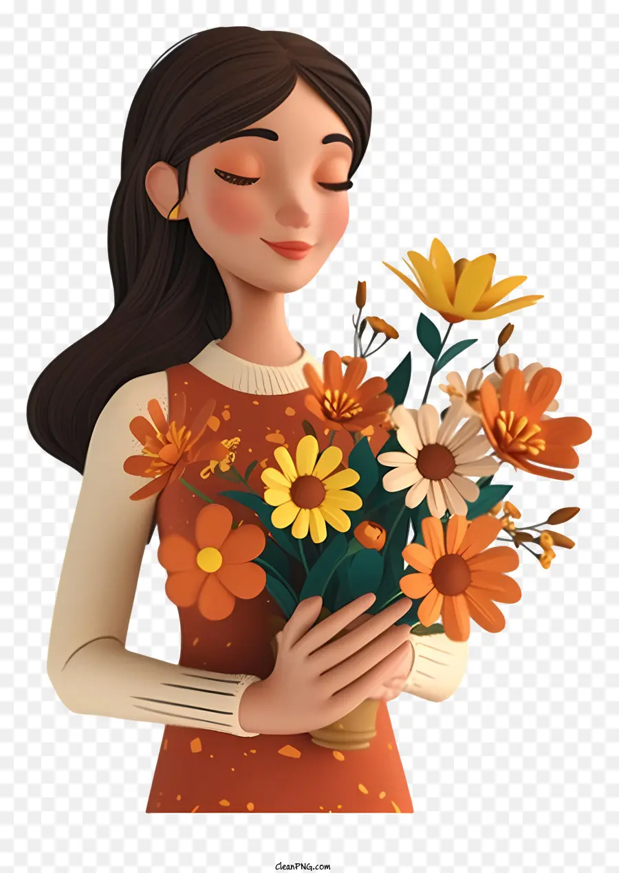мультфильм 3d женщина и цветы，букет цветов PNG