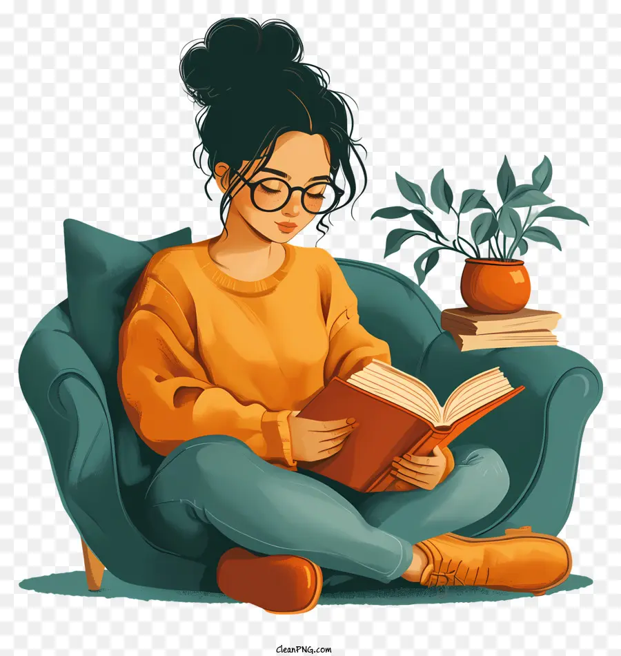 Женщина читает книгу，иллюстрации шаржа PNG