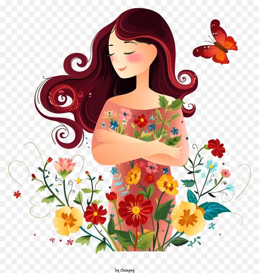 мультфильм женщина и цветы，красивая молодая женщина PNG