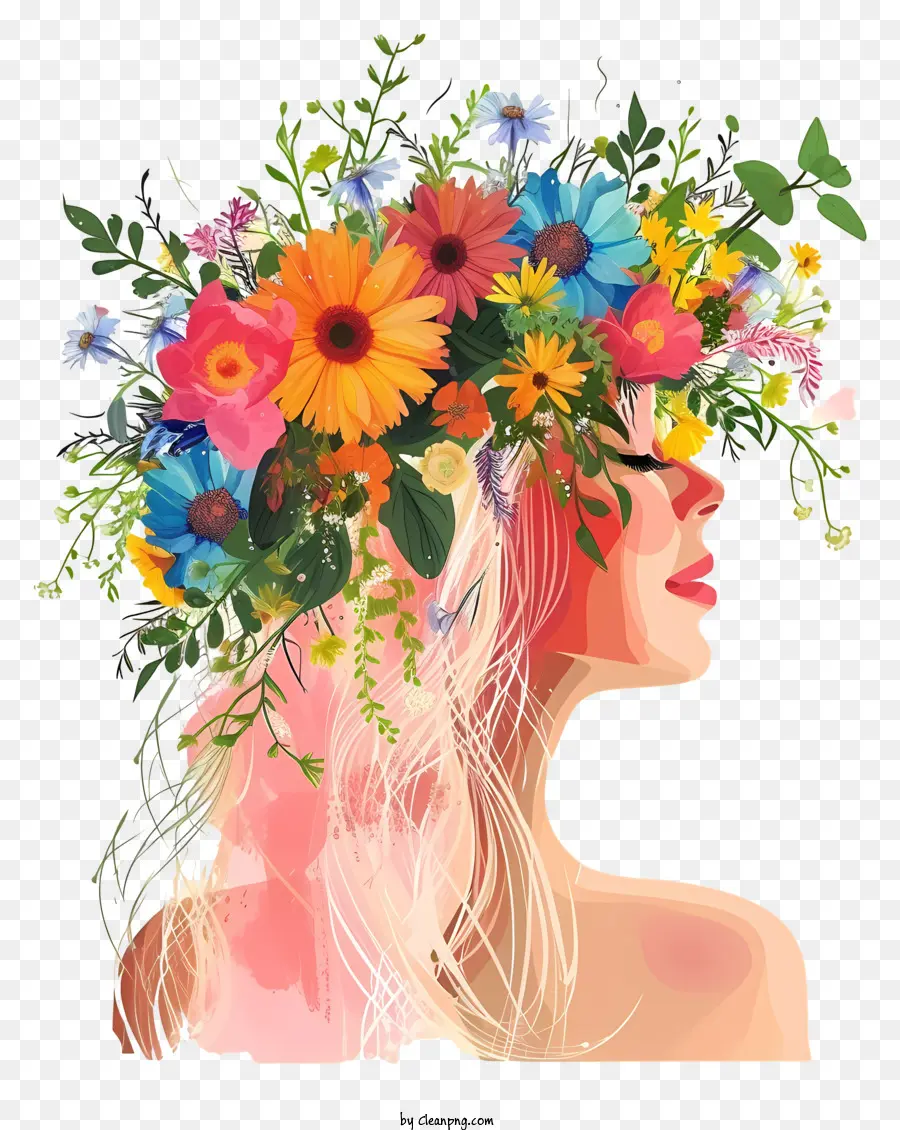 Женщина и цветы иллюстрируют，Женщина с длинными вьющимися волосами PNG