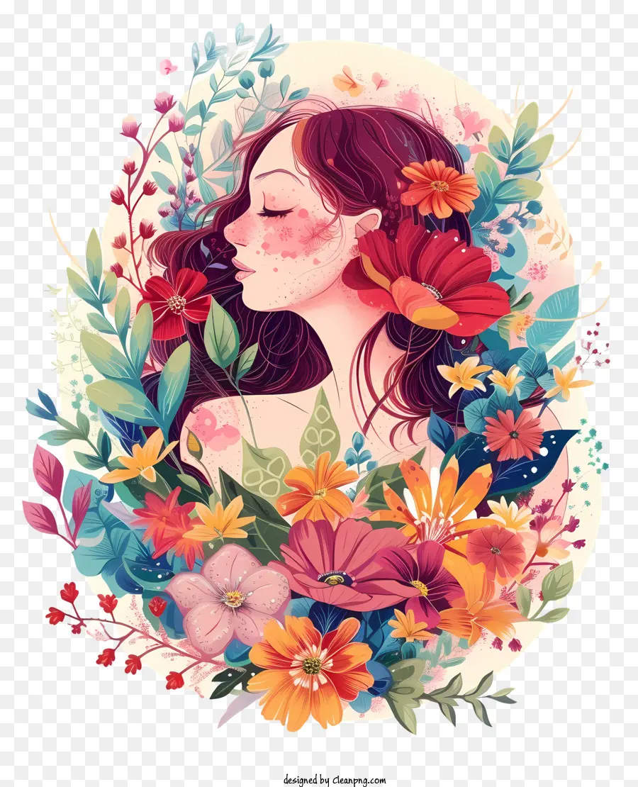 Милый и красочный，женщина и цветы PNG