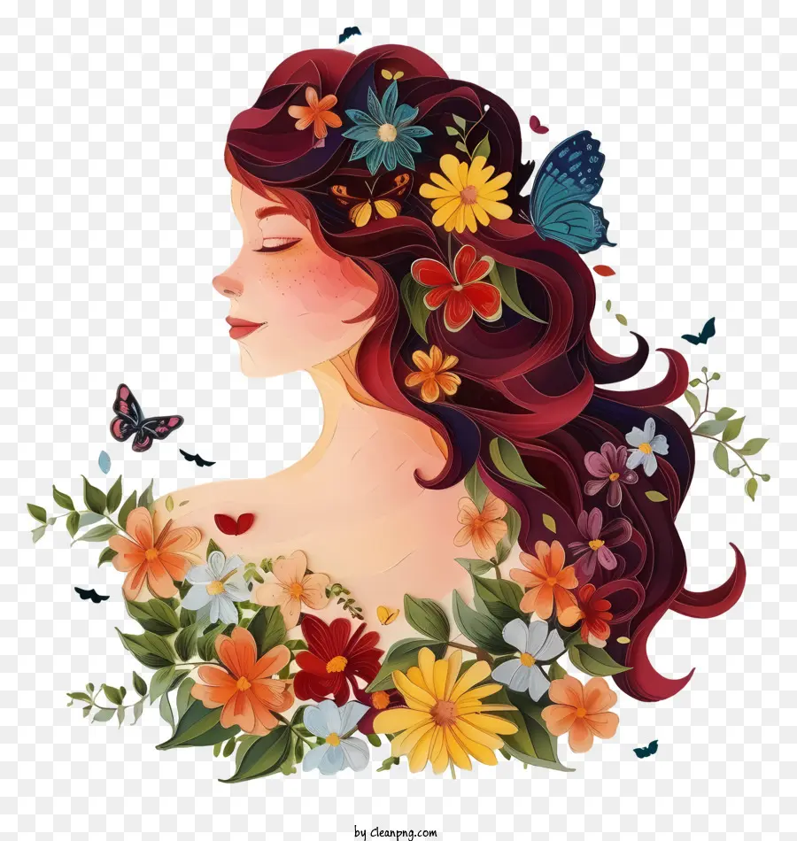 Женщина и цветы иллюстрируют，Женщина с длинными рыжими волосами PNG
