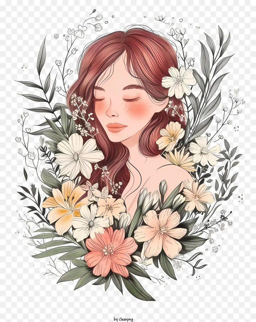 Нарисованная рука женщина и цветы，Рисунок PNG