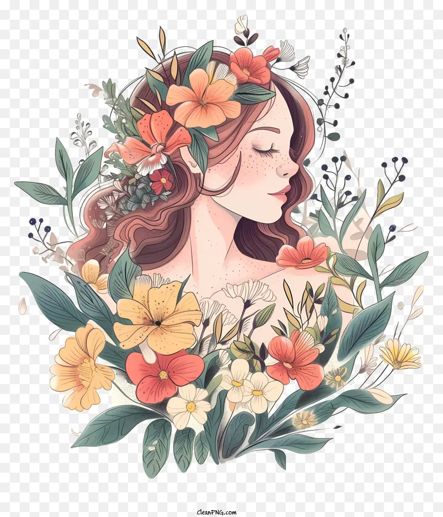 Нарисованная рука женщина и цветы，цветок корона PNG