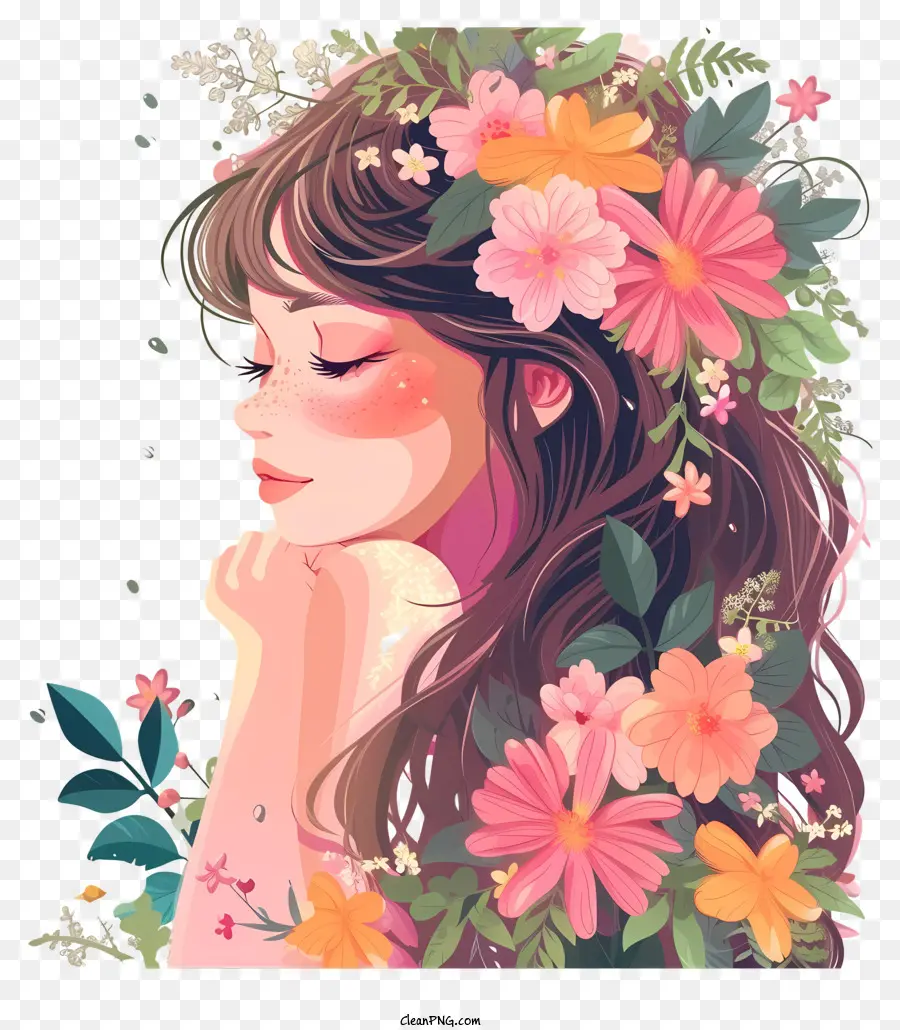 векторная рисунка дизайна персонажа，женщина и цветы PNG