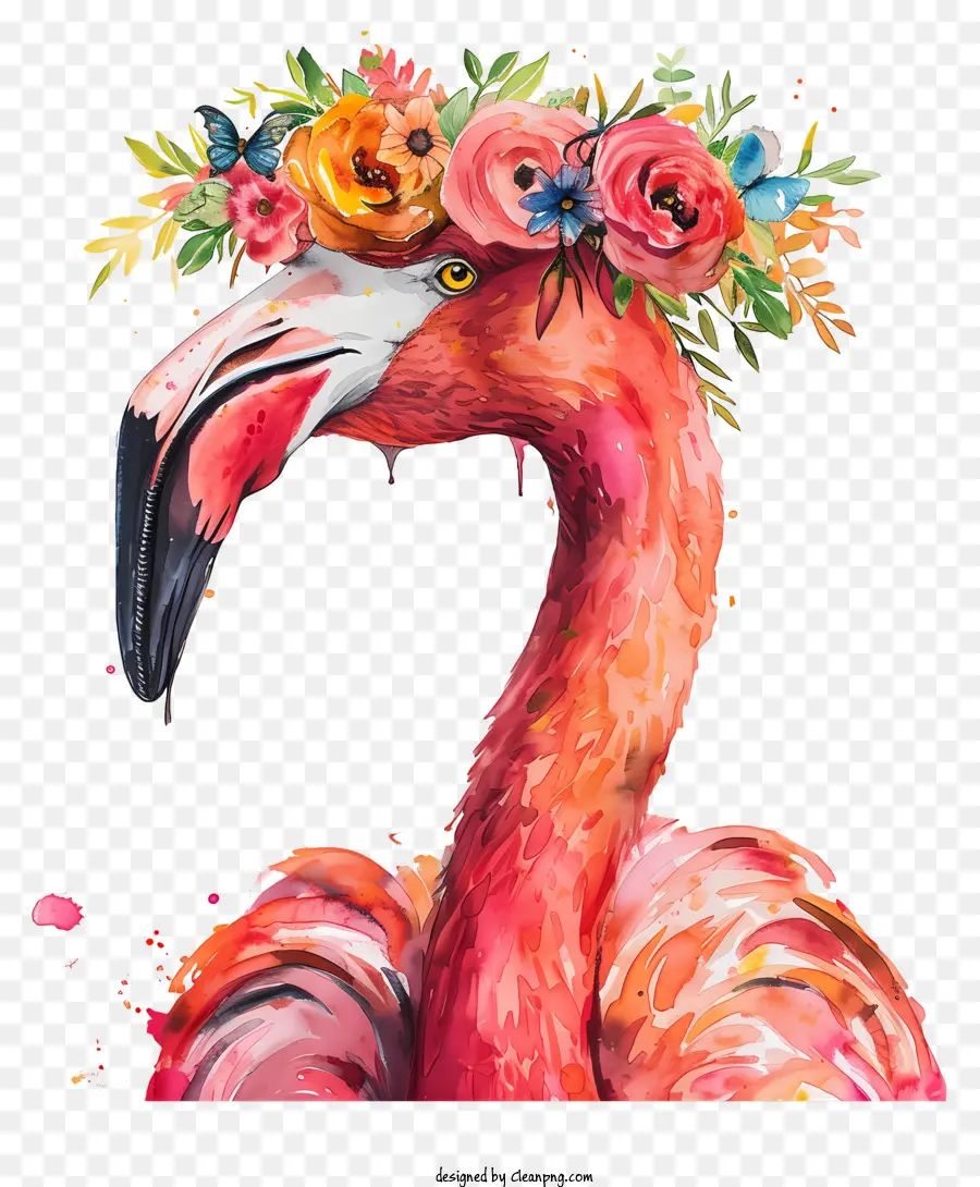 фламинго с цветочной короной，Pink Flamingo PNG